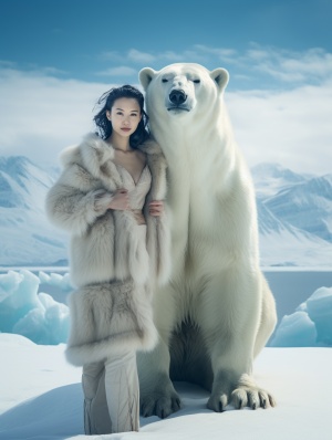 北极熊与美丽的北欧雪山背景下的中国女孩