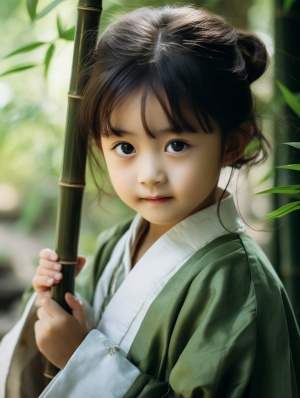 3-year-old Chinese girl in traditional Hanfu with Chinese blade attacking viewer in green bamboo trees