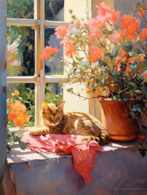 a,painting,with,a,cat,sleeping,on,a,window,sill,,in,the,style,of,floral,impressionism,,light,pink,and,crimson,,california,plein,air,,wimmelbilder,,felinecore,,outdoor,art,,mesmerizing,optical,illusions