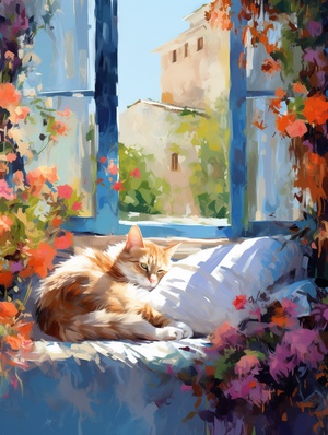 Cat Sleeping on Window Sill: Floral Impressionism