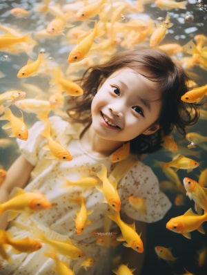 3-Year-Old Chinese Girl Surrounded by Seawater and Schools of Yellow Fish: Dreamy Lofi Photography in Ultra HD Resolution