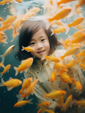 3-year-old Chinese girl surrounded by seawater and yellowfish