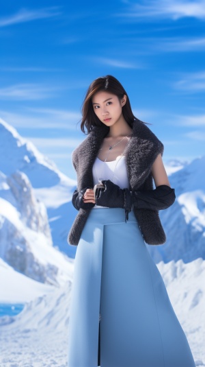 全身，带着可爱的笑容看着镜头，美丽的18岁中国女孩，企鹅背景，北欧雪山风光摄影，广角镜头，冰川，深蓝色的大海，远处的雪山