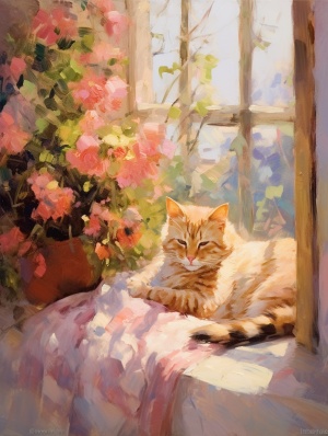 a,painting,with,a,cat,sleeping,on,a,window,sill,,in,the,style,of,floral,impressionism,,light,pink,and,crimson,,california,plein,air,,wimmelbilder,,felinecore,,outdoor,art,,mesmerizing,optical,illusions