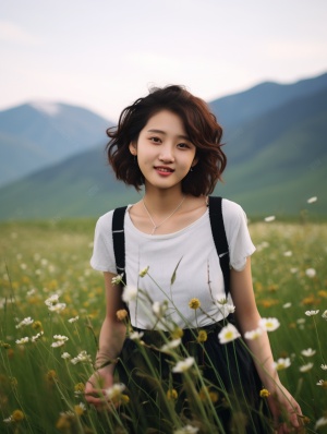 可爱的16岁中国女孩在高山草原咬着花的笑容