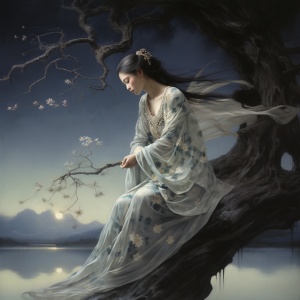 月色下，头戴银色发冠，身穿白色薄纱黑色长发仙女，站在柳树边，隔湖遥望月亮，人物占图比例四分之一，中国古典美女，有仙气