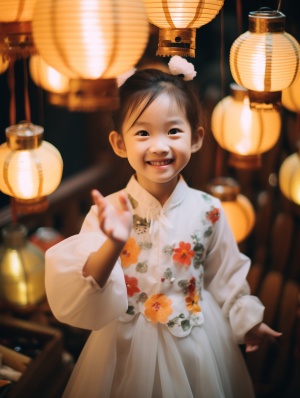 RomptFilm,decorated,colorful,lanterns,at,a,party,in,the,cloud,,with,many,floating,lanterns.A3-year-old,Chinese,model,girl,holding,a,lantern,and,wearing,a,white,Hanfu,looked,at,the,camera,with,a,cute,smile,and,dimples,,with,a,warm,glow.,,Super,Detail,Fantasy,LOFIPhotography,,Interior,View,,Shot,on,Fuji,Film