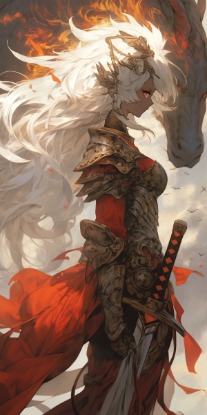 身穿褐色铠甲的白发女子背影，东方人种，凤眼，手持长剑，背上有颗龙头做成的头盔，血色天空，