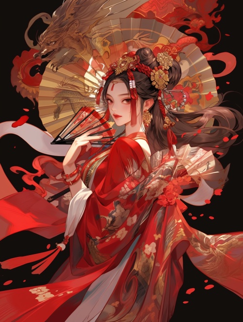 Fantasy,，Vector,illustration,，Charming,character,illustrations,，Chinese,eenchanting,Maiden,，Holding,a,paper,fan,，Chinese,traditional,minimalism,，