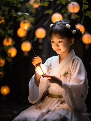 On,a,moonlit,night,during,the,Mid-Autumn,Festival,,with,a,full,moon,shining,high,in,the,sky,,a,three-year-old,Chinese,girl,wearing,a,white,Hanfu,dress,can,be,seen,amidst,a,grove,of,osmanthus,trees.,She,joyfully,holds,a,small,white,rabbit,in,her,arms,,her,face,beaming,with,happiness.,The,festive,atmosphere,is,further,heightened,by,the,dazzling,fireworks,lighting,up,the,sky.Ultra,HD,resolution,hyper,resolution,,ultra-real,picture,,hyper,quality,,fujifilm,,ultra,detailed,,8k,,best,quality