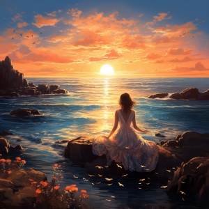 一个穿着裙子的女孩在海边，坐在礁石上看刚升起的日落