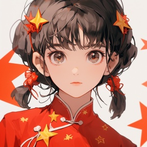 National Day cartoon version of youth in Chinese red clothes with yellow stars on them