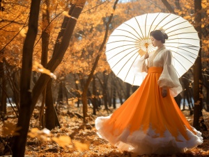 汉服少女，橙白相间长裙，撑着白伞，在枫树林里，橙色色调，晴天，全身照，广角
