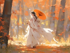 汉服少女，橙白相间长裙，撑着白伞，在枫树林里，橙色色调，晴天，全身照，广角