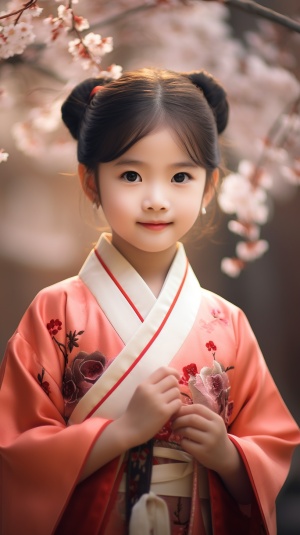 可爱的5岁小美女汉服樱花背景4K