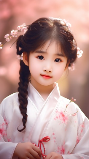 可爱的5岁小美女汉服樱花背景4K