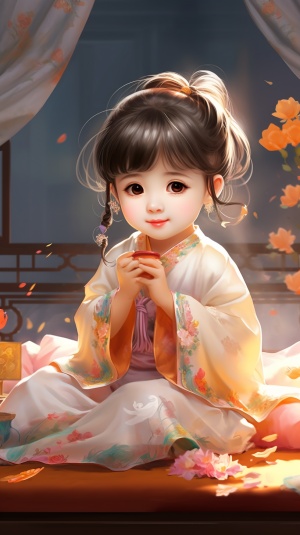 arafed,image,of,a,little,girl,sitting,on,a,blanket,with,a,flower,in,her,hand,,adorable,digital,painting,,palace，a,girl,in,hanfu,,cute,digital,art,,chinese,girl,,little,girl,with,magical,powers,,realistic,cute,girl,painting,,pink,zen,style,,lotus,floral,crown,girl,,sitting,on,a,lotus,flower,,beautiful,character,painting,,young,asian,girl,,cute,beautiful