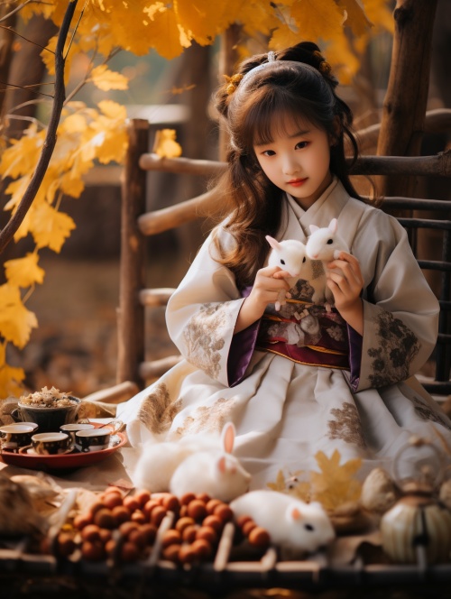 可爱女孩穿汉服，吃月饼，周围有小兔子，背景落叶的秋天