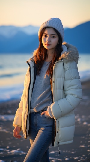 可爱的笑容下的美丽16岁中国女孩与大海背景的夕阳风光