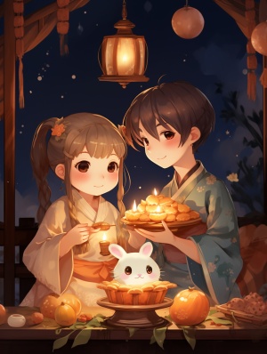 一对可爱男孩和女孩穿汉服，吃月饼，周围有小兔子，,灯笼。