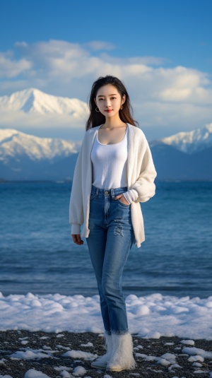 全身，大海，带着可爱的笑容看着镜头，美丽的16岁中国女孩，大海背景，夕阳风光摄影，广角镜头，深蓝色的大海，远处的雪山