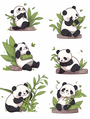 熊猫表情包，可爱风，圆润，吃竹子，夸张姿势（伤心的，高兴的，生气的，睡觉的，乖巧的），黑色和白色