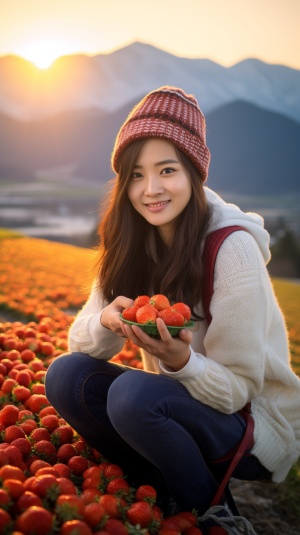 田野中的美丽16岁中国女孩草莓背景