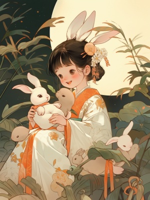 中秋节一个小女孩儿穿着白色的汉服抱着白兔有月亮