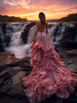 黄昏日落，一个粉色长裙美女站在塞里雅兰瀑布，远处美不胜收，超美的天际线，超广角镜头，专业拍摄，真实,，粉色的玫瑰花