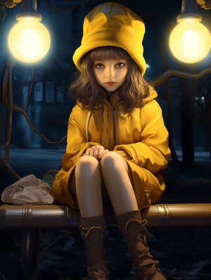 小凉山

该标题意为在昏黄路灯下的长椅上做着一个可爱的大眼睛女孩，全身湿透。