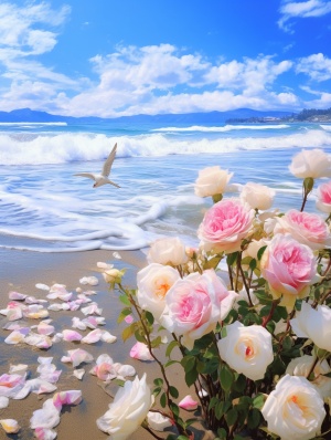 左侧大海沙滩，海鸥飞翔，蓝天雪山，美丽玫瑰花