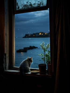 落地窗中的孤猫与黑天大海
