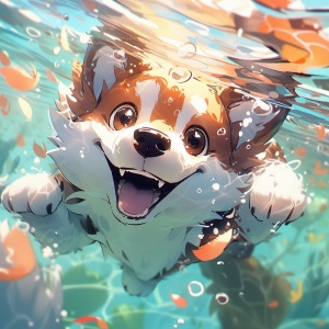 A Bright Portrait of a Cute Dog Swimming Underwater