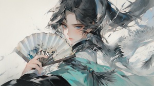 Thick,acrylic,paint,illustration,,a,boy,with,phoenix,eyes,wearing,a,cyan,Hanfu,with,afolding,fan,exquisite,facial,features,,ink,and,light,colorsclose-up,of,the,faces,180,niji,5