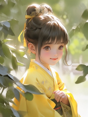 大眼睛小女孩儿穿着黄色的汉服，治愈系笑容