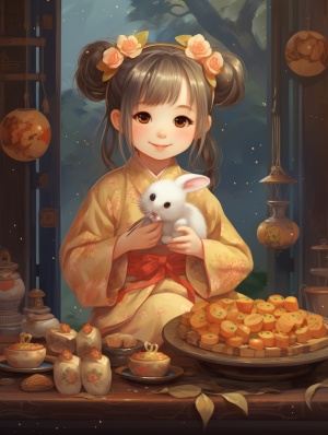 可爱女孩穿汉服，吃月饼，周围有小兔子