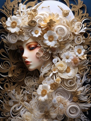 Quilling,mystical,French,lady,with,white,and,gold,flowers,,intricate,gold,filigree,accents,,highly,detailed,,in,the,style,of,Much,a,detailed,portraiture,,white,and,gold,,multidimensional,shading,,detailed,character,design,,fantastical,compositions,,multi-layed,composition,,meticulously,crafted,,HD,DSLR,8K,,Sharp,details,full,,the,gold,flowers,is,full,of,screen