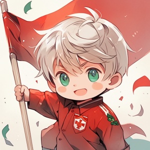 国庆节中的可爱男孩高举红色国旗