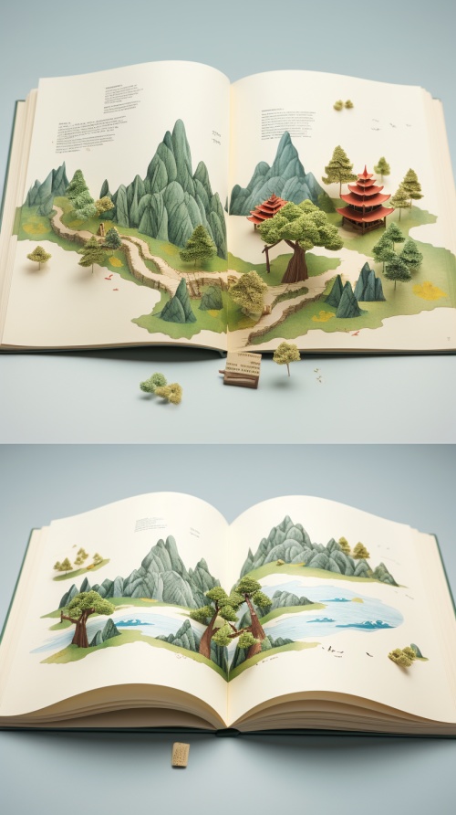 a,page,in,the,illustration,book,with,text,of,book3D,of,Chinese,landscape,Out,of,53paper,bookversion,5.2,8kaspect,3:4,stylize,350,style,raw