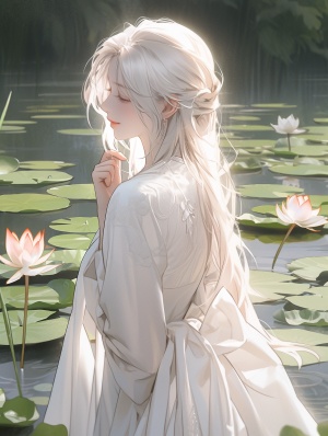 White-haired girl in a delicate dress standing in a tranquil lotus pond