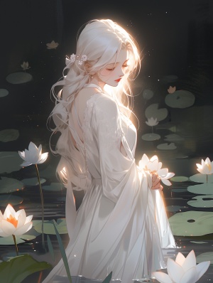 White-haired girl in a delicate dress standing in a tranquil lotus pond