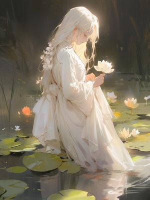 An,illustration,of,a,beautiful,white-haired,girl,,wearing,a,delicate,white,dress,,standing,in,a,tranquil,lotus,pond,,her,side,face,angled,towards,the,sun,,with,a,serene,smile,on,her,lips