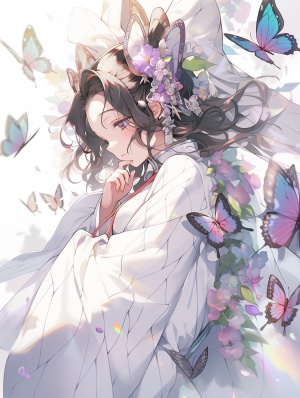 A,beautiful,illustration,of,a,fairy,in,a,white,robe,,floating,gracefully,in,the,air,,surrounded,by,colorful,butterflies,,with,a,peaceful,and,serene,expression,on,her,face