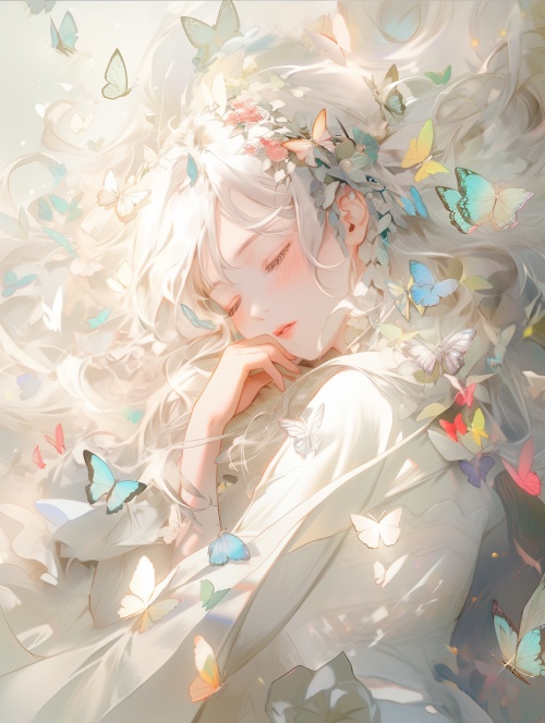 A,beautiful,illustration,of,a,fairy,in,a,white,robe,,floating,gracefully,in,the,air,,surrounded,by,colorful,butterflies,,with,a,peaceful,and,serene,expression,on,her,face