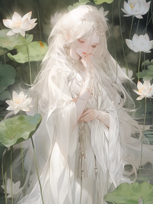 An,illustration,of,a,graceful,white-haired,girl,,wearing,a,delicate,white,dress,,standing,amidst,a,lush,lotus,pond,,her,face,hidden,behind,a,thin,veil,,giving,off,an,ethereal,,mystical,aura