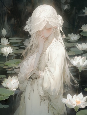 Graceful White-Haired Girl in Delicate White Dress