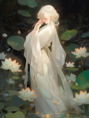 Graceful White-Haired Girl in Delicate White Dress