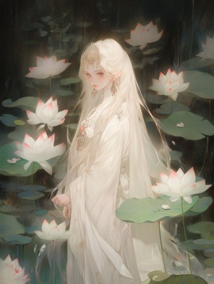 Graceful White-Haired Girl in a Delicate White Dress
