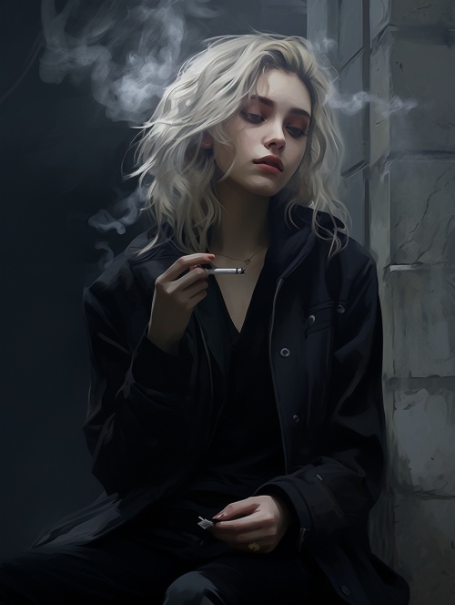 墙壁灰色，一个女孩靠在墙壁上抽一支烟，有些药物，女孩穿黑色衣服！高清，真实人物！