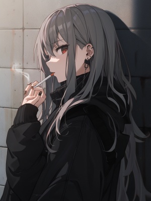 墙壁上的黑衣女孩抽烟，高清画面